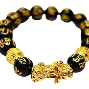 MAGIC GEMS feng shui bracelet for men women wearing & gift purpose black obsidian buddha mantra strechable bracelet golden pixiu bracelet with igl lab tested