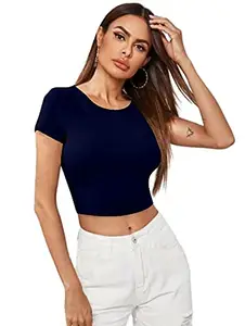 Dream Beauty Fashion Women's Casual Short Sleeves Round Neck Crop Top Polyster Blend (343 Tani-Blue-S)