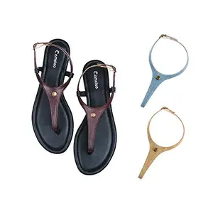 Cameleo -changes with You! Women's Plural T-Strap Slingback Flat Sandals | 3-in-1 Interchangeable Strap Set | Brown-Leather-Light-Blue-Olive-Green