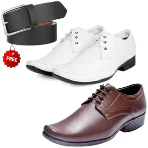 Stylish Trendy Formal Shoes/Party Shoes/ 2 Shoes Combo with Free Belt for Men and Boys (BAZAAR8201_VTR004-Brwn007-Bdr-Wht-1-Blk) Multicolor