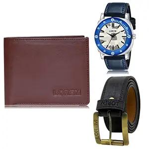 LOREM LOREM Mens Combo of Watch with Artificial Leather Wallet & Belt FZ-LR54-WL14-BL01