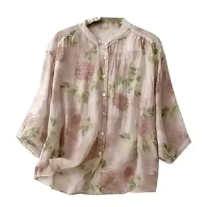 Gufrina Women’s Light Rose Floral Printed Button Down Shirt with Mandarin Collar and Relaxed Fit 3/4 Sleeves