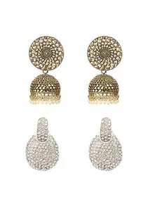 Khannak Jewellery Combo Pack of Stud Earrings for Women and Girls| American diamond studded Earrings & Golden Jhumka Earrings combo set