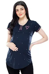 ZEYO Women's Cotton Maternity Top Dot Print Navy Blue Feeding Tshirt 5342