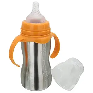 MyNaksha World Baby Feeding Bottle in Stainless Steel High Grade Stainless Steel 2 in 1 Sipper and Feeding Bottle with Silicone Nipple for Baby (Orange - 290ml)