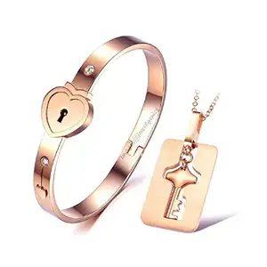 Jewelgenics Heart Lock and Square Key Stainless Steel Bracelet Pendant Necklace Set for Couples, Lovers, Men and Women (Rosegold)