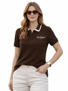 JUNEBERRY® Women’s Regular Fit Lycra Polo T-Shirt with V- Neck Buttoned Placket, Classic Collar, and Contrast Trim, Soft Fabric for All-Day Comfort (Sizes S to 2XL)