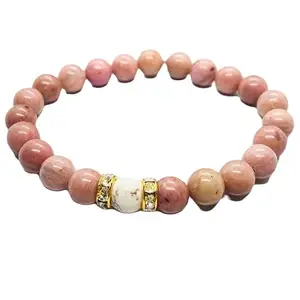 RRJEWELZ Natural Rhodonite With White Turquoise 8mm Round Shape Smooth Cut Beads 7.5 Inch Stretchable Bracelet for Men & Women.|STBR_RR_08198_7.5