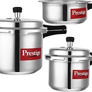 Prestige Gas & Induction Compatible Outer Lid Virgin Aluminium Pressure Cooker, Set of 3 – 5L, 3L, and 2L | Lid-Lock System | Comfortable Handle | Metallic Safety Plug | Silver price in India.