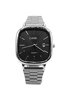 Quartz Wristwatch, Black Dial, Silver Stainless Steel Band, Square Case, Date Display