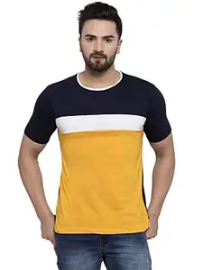 Kalt Men's Half Sleeves Multi Colour Round Neck Cotton Blend Striped T-Shirt(Dark Yellow::White::Navy;XL)