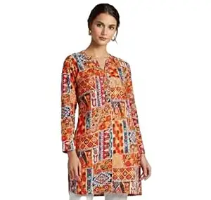 Cotton Printed Tunic Top for Women, 3/4 Sleeve Casual Kurti (in, Alpha, 2XL, Multicolor)