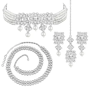 Peora Combo of Silver Plated Choker Necklace Set with Kundan Waist Belt Kamar Bandh Gift for Women