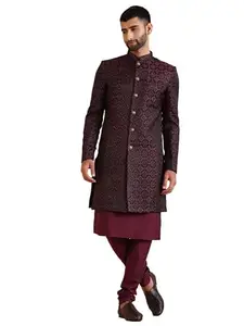 KISAH Men's Indo Western Kurta Sherwani Churidar Set, Burgundy Jacquard, Woven Design Regular Fit Mandarin Collar Long Sleeves (40)