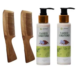 G Krishna Naturals Hair Brushes Wooden Neem Comb & Flaxseed Conditioner for Women & Men | Durable Long Lasting Wood Kangi and Hair Conditioner for Natural Hair Growth (Pack of 2 Each)(GKNFPC2-02)
