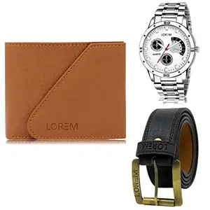 LOREM Mens Combo of Watch with Artificial Leather Wallet & Belt FZ-LR101-WL01-BL01