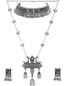 Total Fashion Latast Stylish Boho Trible Silver Oxidised Chain Pendant Necklace Jewellery Set Women for Girls