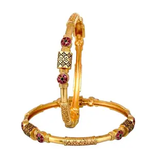 Lucky Jewellery 18k One Gram Gold Plated 1 Pair Stone Bangles for Women & Girls | Traditional Indian Designer Kada Bracelet Bangle Set | Elegant Wedding & Casual Wear - Pack of 2 (496-R1BG-1649-2-26)