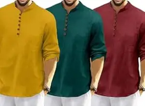 FINIVO FASHION Combo of Men’s Casual Full Sleeve Kurta Style Shirt with Button Placket |Regular Fit Ethnic Fusion Wear| Lightweight Breathable Fabric |for Daily & Festive Use Pack of 3