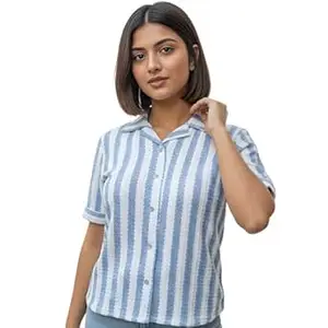 Hava Fashions Women Blue & White Striped Shirt Short Sleeve Formal Office Wear Top Collared Casual & Workwear Casual Business Formal Attire for Girls