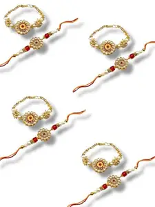 Traditional Floral Rakhi Set with Pearl Bracelet, Gold-Plated Kundan Style, Red and White-4PAIRS