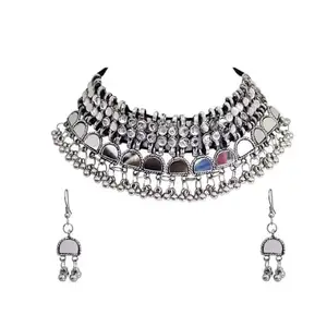 Nyraa Silver Oxidised Mirror Choker Necklace