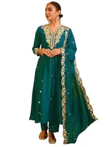 Naixa Women's Vichitra Silk Embroidered Flared Kurta with Pant and Dupatta Sets (NX5-695)