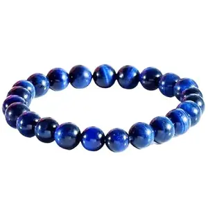 RRJEWELZ 8 mm Natural Gemstone Blue Tigers Eye Round shape Smooth cut beads 7 inch stretchable bracelet for women. | STBR_RR_W_02283