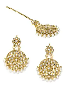 OOMPHelicious Jewellery Gold Jadau Kundan & Pearl Maangtikka Set with Matching Drop Earrings for Women & Girls