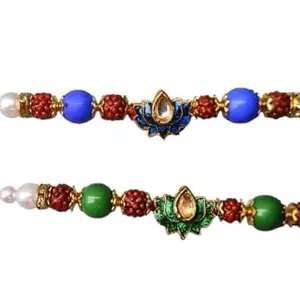 PALKU CREATIVE Palku Creation Rudraksha Rakhi Set of 2 – Blue & Green Lotus Kundan Rakhis with Beads & Pearls for Raksha Bandhan