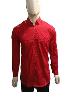 J M Fashion Store | Men's Solid Slim Fit Cotton Casual Shirt with Spread Collar & Full Sleeves Men's Regular Fit Solid (Large, Red)