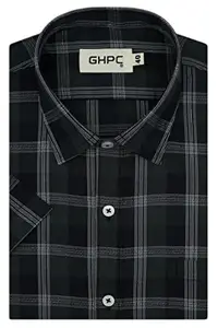 GHPC 100% Cotton Grid Tattersall Checks Half Sleeves Regular Fit Formal Shirt for Men (Black, FSH509002_40)