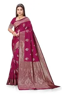HETYASH Womens Banarasi Woven Soft Silk Saree Featuring Big Zari Butas And Floral Design On The Pallu With Banarasi Woven Soft Silk Blouse 5.5 Meter Saree 0.8 Meter Unstitched Blouse Piece