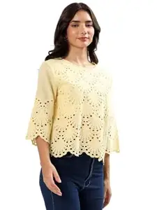 Schifley Women’s Yellow Embroidered Cutwork Top | 100% Cotton | Bell Half Sleeves | Regular Fit | Comfortable
