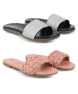 MOSAC Combo Pack of 2 Stylish Slip-on Flat Slipers For Women's And Girls-4UK