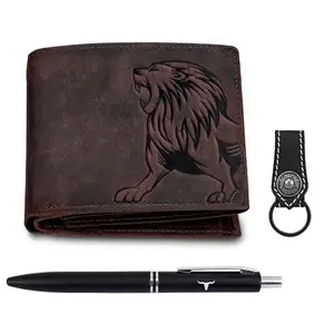 URBAN FOREST Luca Vintage Brown Leather Wallet, Black Pen & Keychain Combo Gift Set for Men
