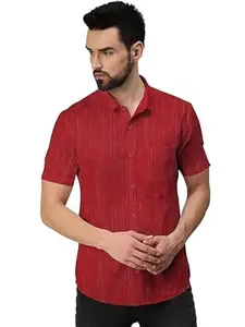 Men's Khadi Cotton Single Jharna Half Sleeves Casual Shirts (in, Alpha, M, Regular, RED)