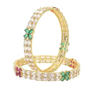 Adwitiya Collection Set of 2 Gold Plated Green, Pink & White CZ Stone Handcrafted Bangles(2.8)