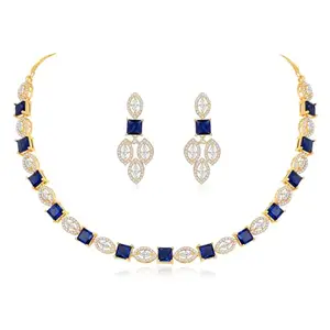 Peora Cubic Zirconia & Blue Crystal Studded Gold Plated Necklace Drop Earring Jewellery Set for Women