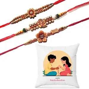 Ethnic Darzi Rakhi Combo Gift Set - 3 Designer Rakhis with Raksha Bandhan Printed Cushion - Gift for Brother | Rakhi with Pillow for Raksha Bandhan, RKCUS-06