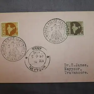 INDIGOCREATIVES India Madras Police 100 Years Special Cover of 1959 with Early Decimal Stamps and Cancellation
