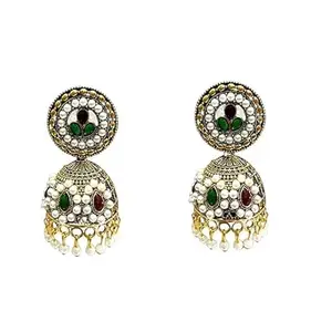 HOUSE OF FASHION Kundan & Pearl Jhumka Earrings for Women – Traditional Ethnic Gold Plated Meenakari Studded Dome Shaped Jhumki for Women & Girls -Red, Green & Gold