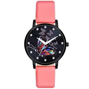 Shocknshop Leather Analouge Black Dial Analog Wrist Watch For Women And Girls (Black Dial Pink Colored Strap) Mt378, Pink Band