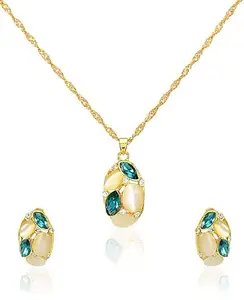 Giftipedia Gold-Plated Necklace and Earrings Set with Turquoise and Ivory Beads, Rhinestones