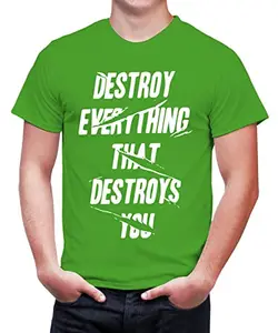 Caseria Men's Round Neck Cotton Half Sleeved T-Shirt with Printed Graphics - Destory Everything (Parrot Green, L)