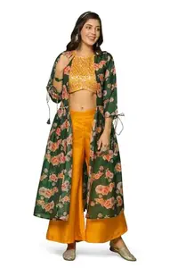 Fashion Dream Women’s Dola Silk Crop Top And Palazzo Suit Set with Shrug (FDWSET00063 YLW XS_Yellow_XS)