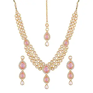 Amazon Brand - Anarva Women Gold Plated And American Diamond Necklace Set & Girls (Pink)