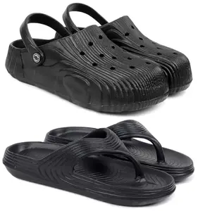 Pampy Angel Combo Pack of 2 Slipper/Flip Flops/Slides/Clogs/Sandals with Adjustable Back Strap for Men,(Cl-Wonder-Black,V-Evafeet-Black),8 (UK/India)