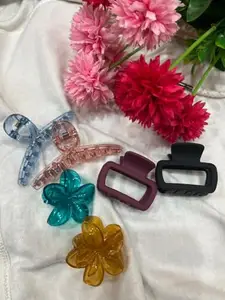 GLAMORA Combo of 6 Stylish Hair Claw Clips for Women and Girls – Medium Size, Flower, Rectangular and loop Design, Strong Grip, Elegance with Styling