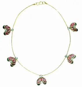 Archu creation,pink lotus invisible chain,Handcrafted Gold-Toned Necklace with Pink and Green Floral Charms, 5 Pendant Design,adjustable